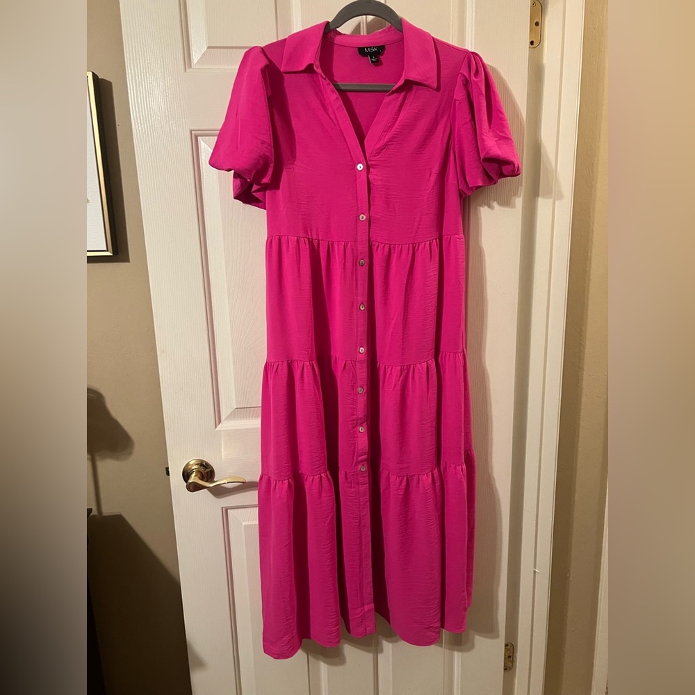 NWOT Women’s MSK Barbiecore Pink Button Down Tiered Summer Maxi Dress Size Small